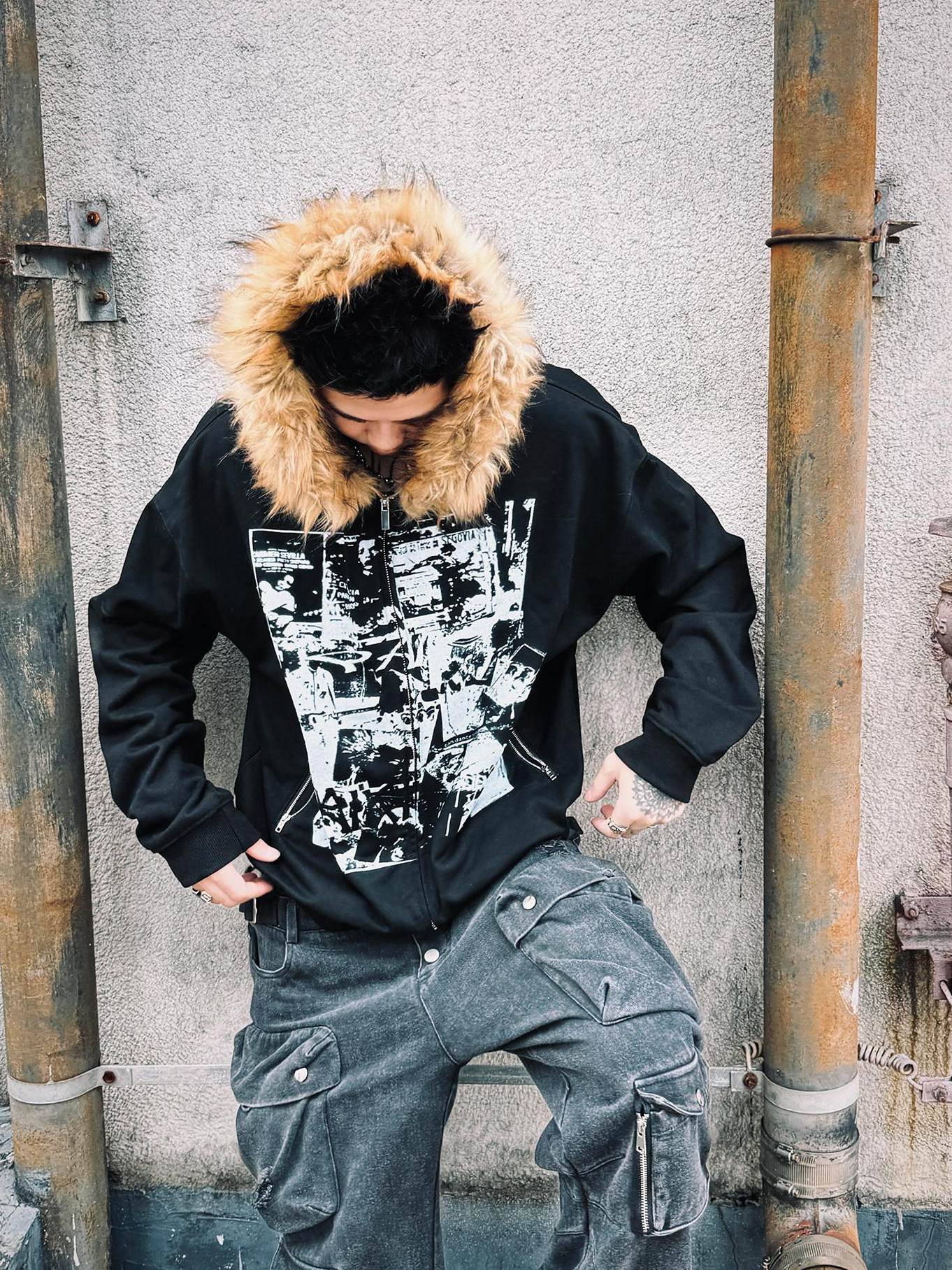 PAIKI Warm Slim Fit Hooded Zip Up Graphic Print Unisex Teen Polyester Hoodies