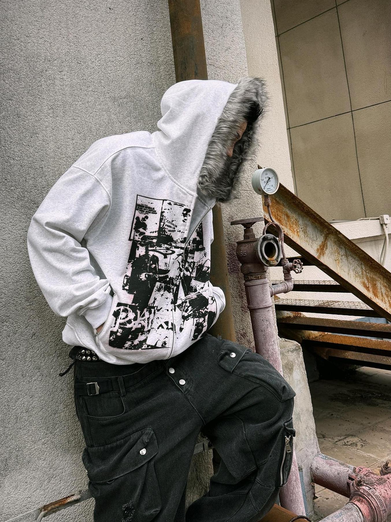 PAIKI Warm Slim Fit Hooded Zip Up Graphic Print Unisex Teen Polyester Hoodies