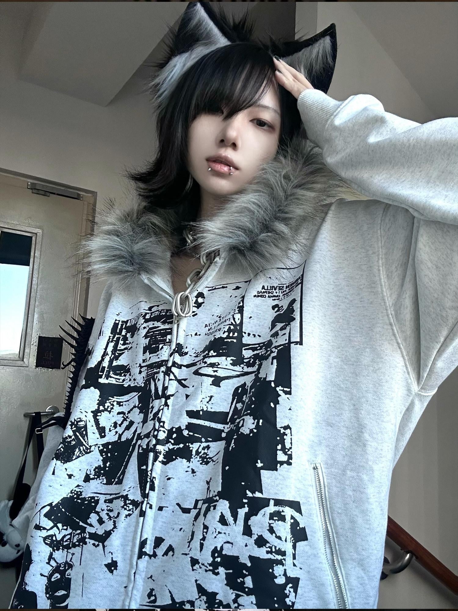 PAIKI Warm Slim Fit Hooded Zip Up Graphic Print Unisex Teen Polyester Hoodies
