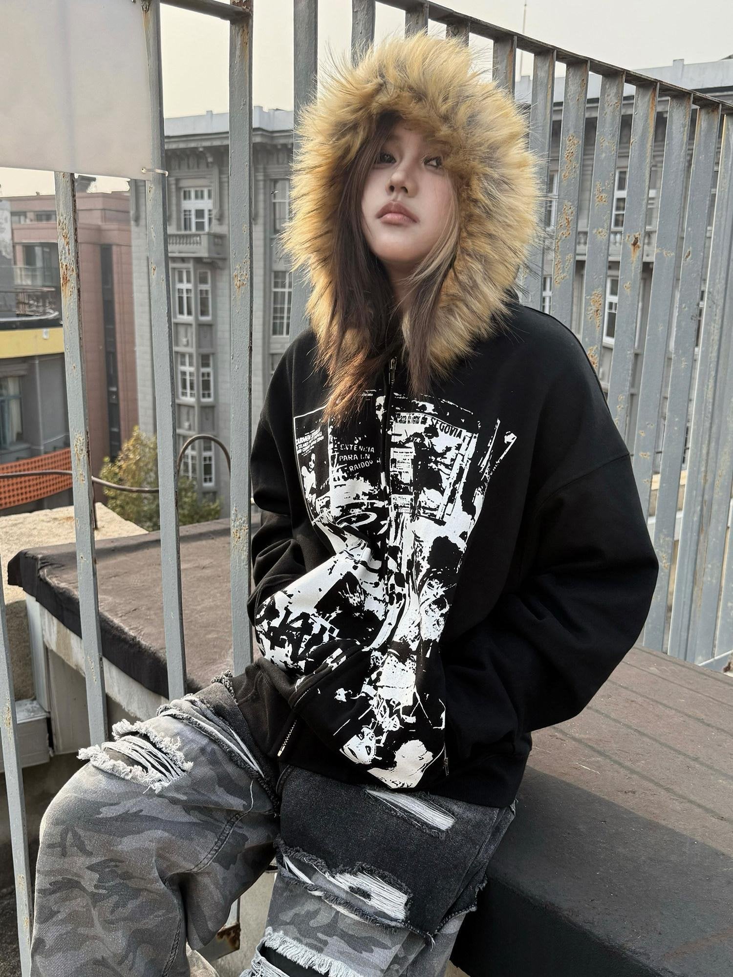 PAIKI Warm Slim Fit Hooded Zip Up Graphic Print Unisex Teen Polyester Hoodies
