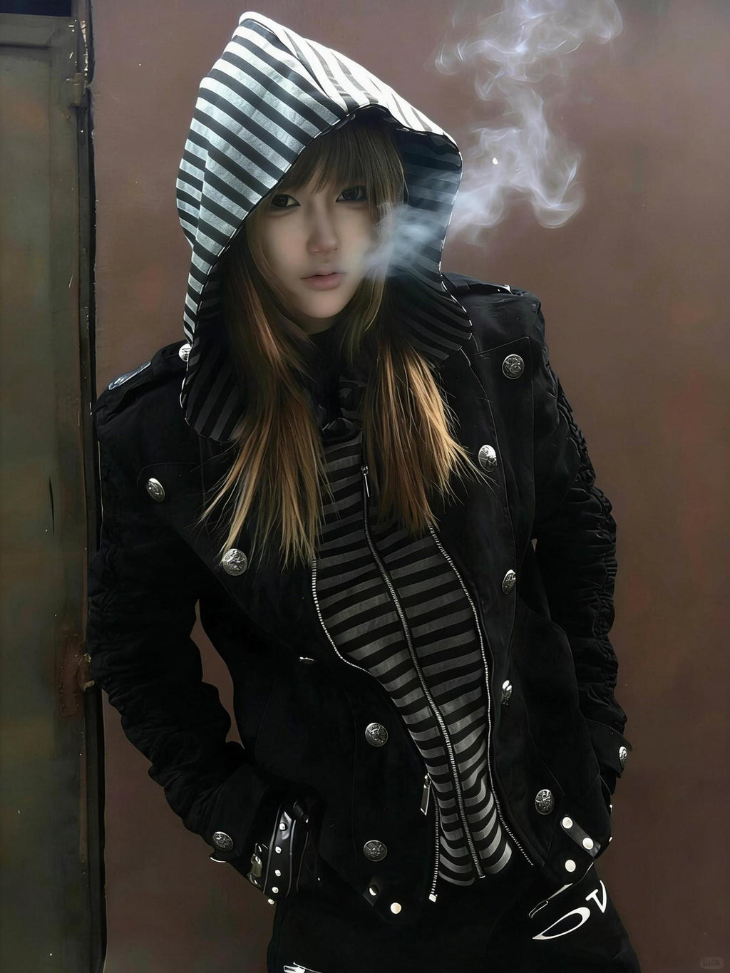PAIKI Warm Slim Fit Long Striped Detachable Hood Dark Youth Daily Black Puffer Jackets