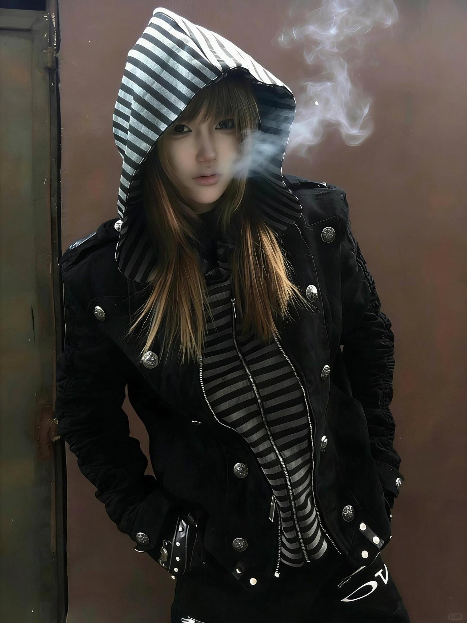 PAIKI Warm Slim Fit Long Striped Detachable Hood Dark Youth Daily Black Puffer Jackets