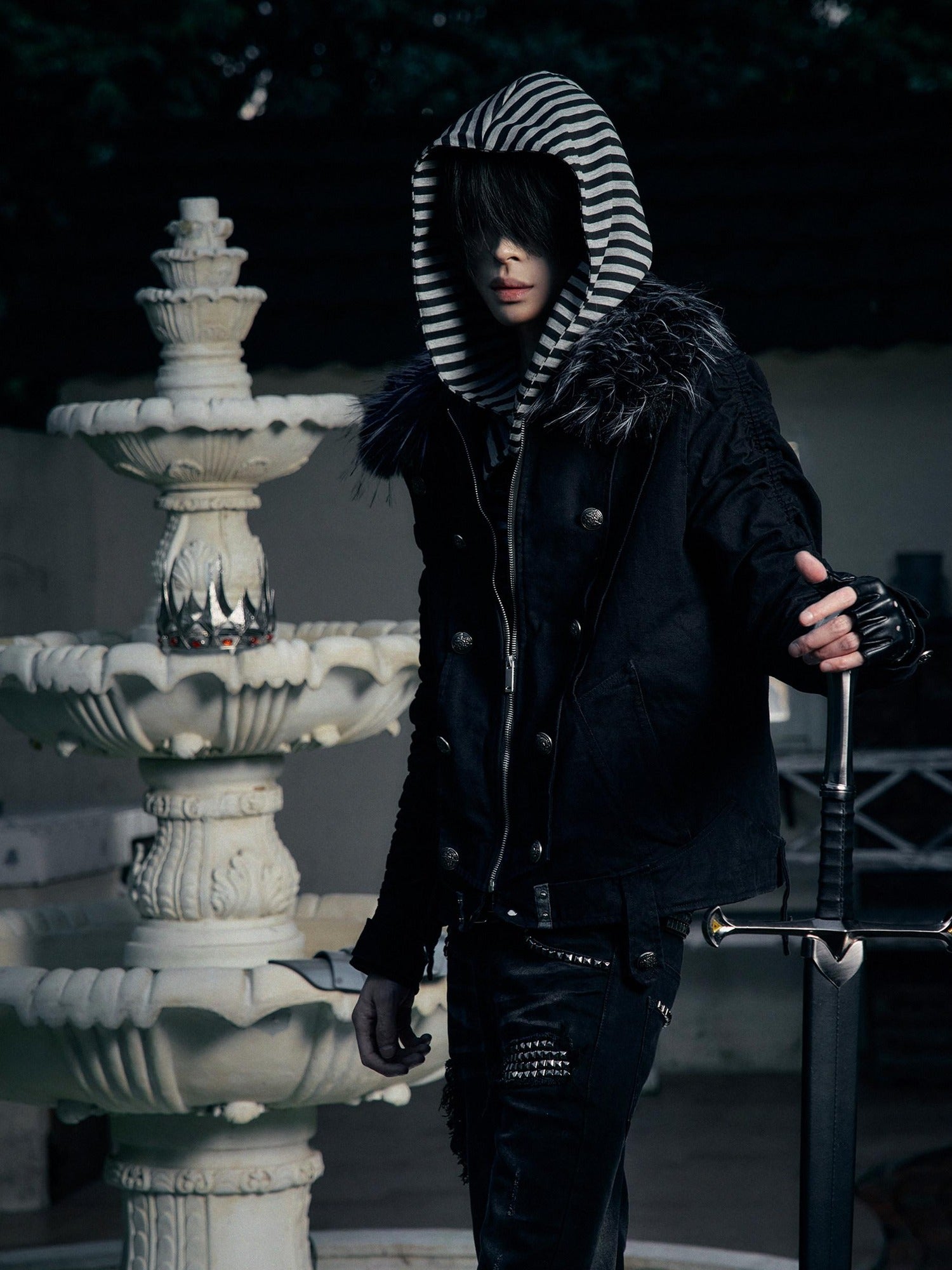 PAIKI Warm Slim Fit Long Striped Detachable Hood Dark Youth Daily Black Puffer Jackets