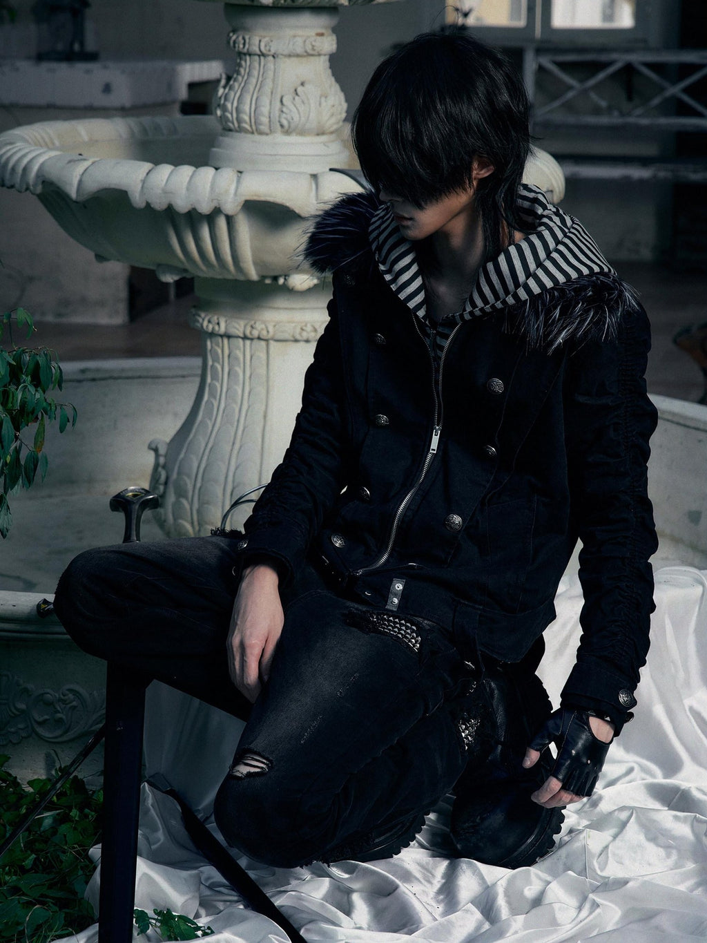 PAIKI Warm Slim Fit Long Striped Detachable Hood Dark Youth Daily Black Puffer Jackets
