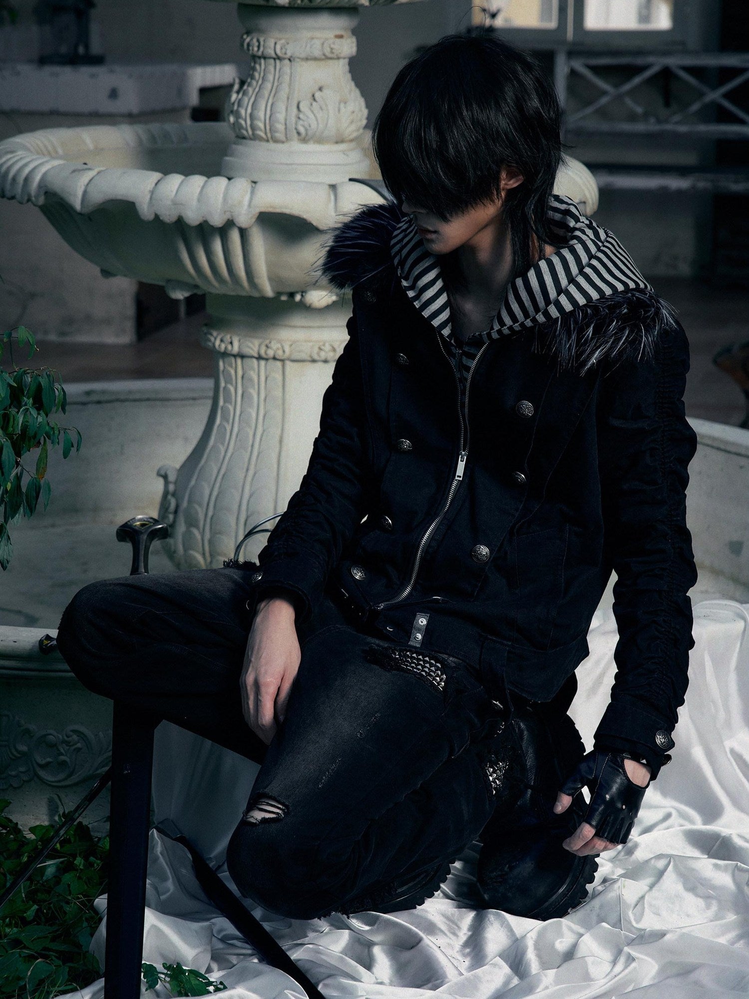 PAIKI Warm Slim Fit Long Striped Detachable Hood Dark Youth Daily Black Puffer Jackets
