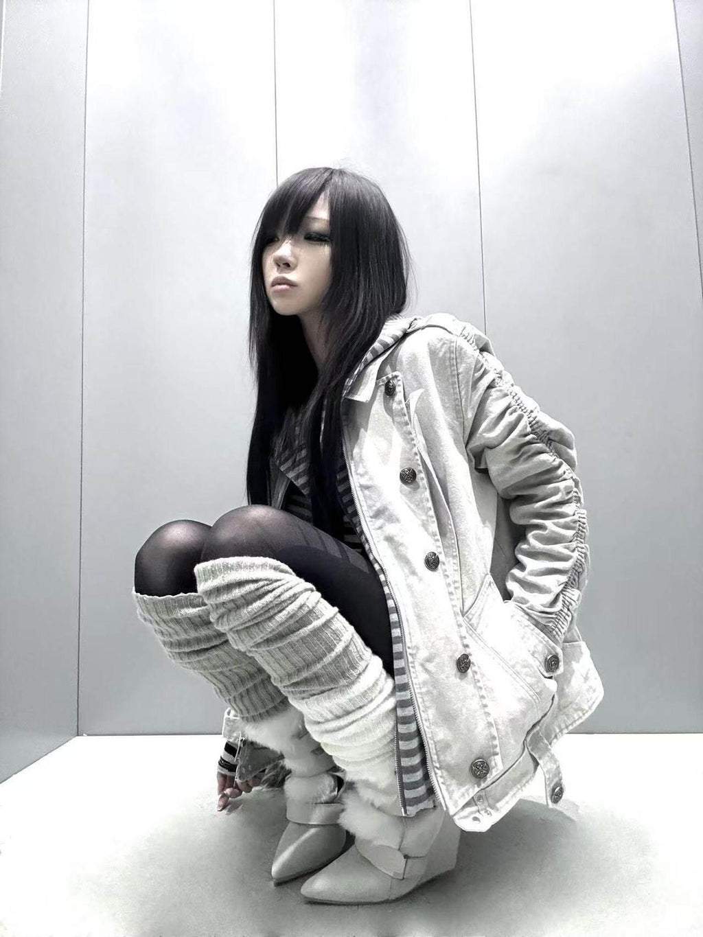 PAIKI Warm Slim Fit Long Striped Detachable Hood Dark Youth Daily Black Puffer Jackets