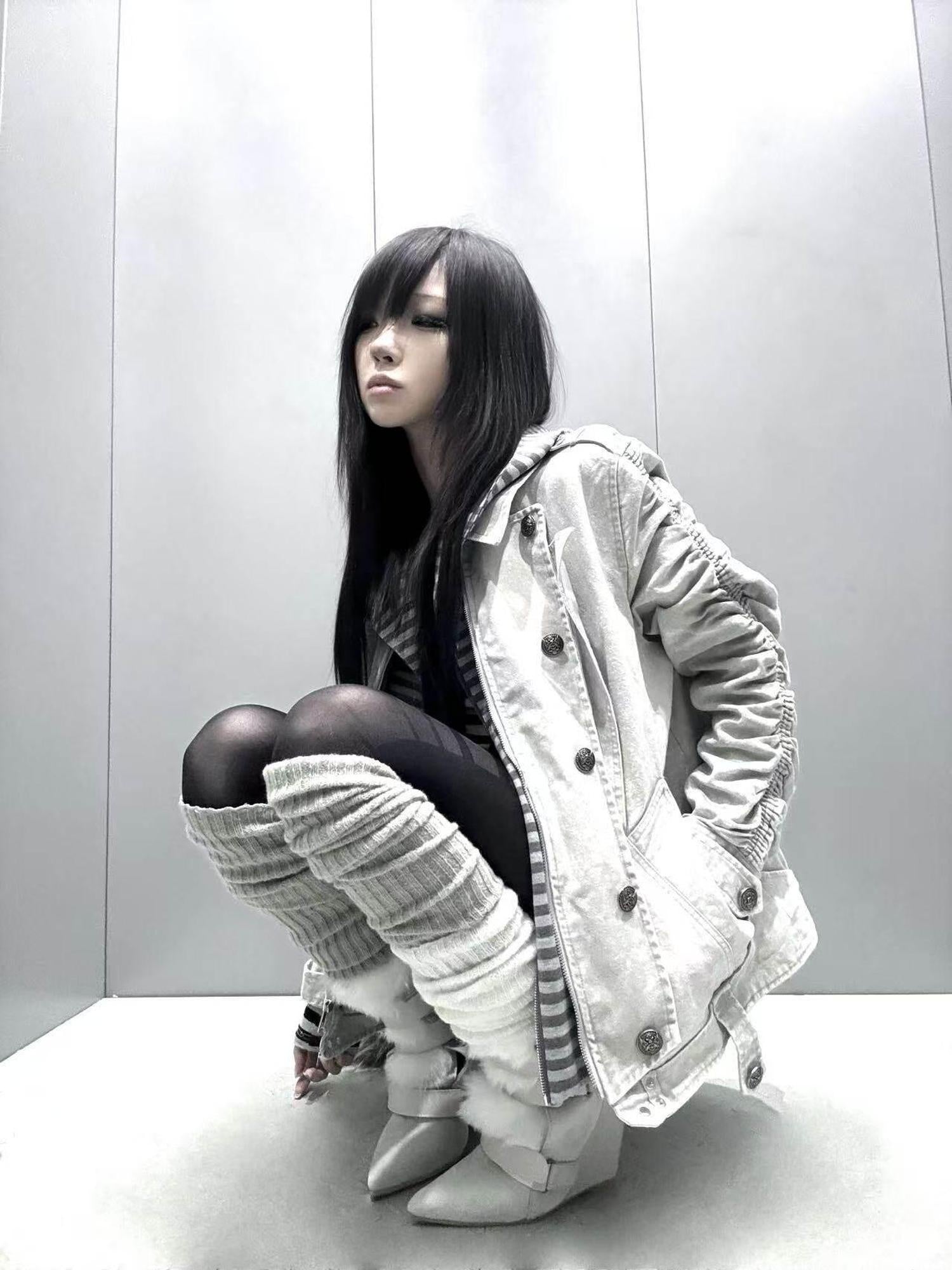 PAIKI Warm Slim Fit Long Striped Detachable Hood Dark Youth Daily Black Puffer Jackets