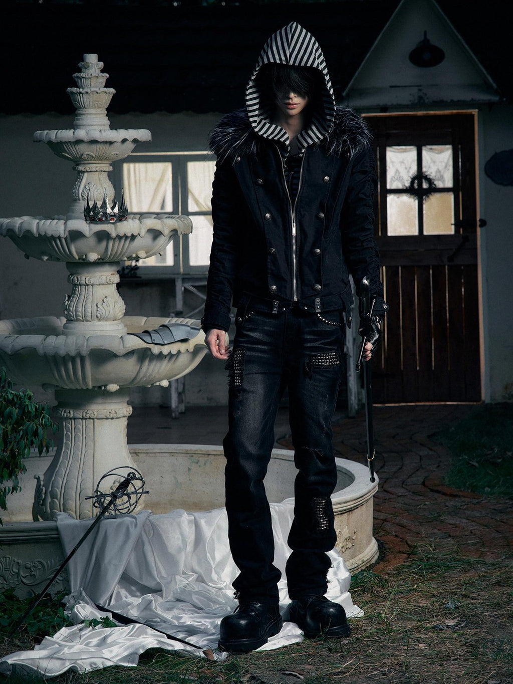 PAIKI Warm Slim Fit Long Striped Detachable Hood Dark Youth Daily Black Puffer Jackets