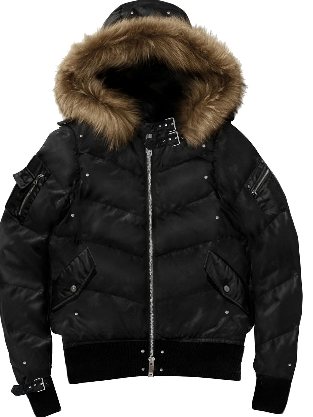 PAIKI Warm Slim Punk Hooded Metal Studs Youth Casual Zip Side Pockets Puffer Jackets