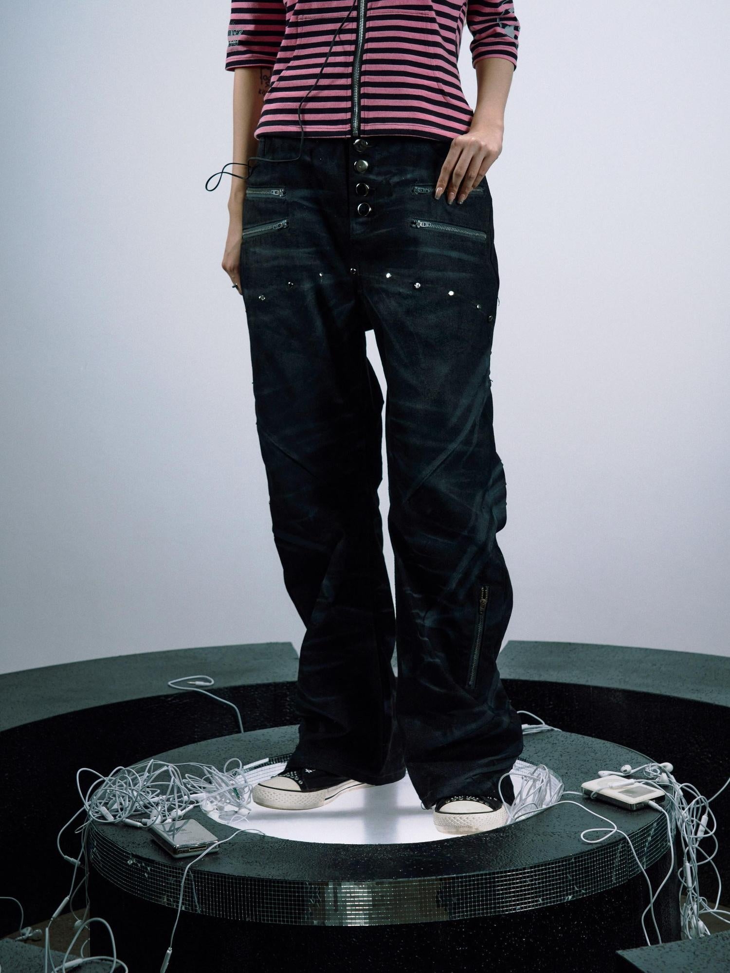 PAIKI Washed Cotton Denim With Metal Zipper Mid Rise Loose Fit Unisex Straight Jeans