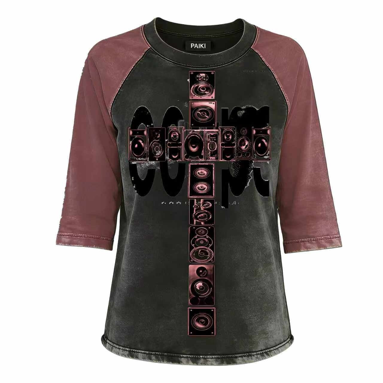 PAIKI_Washed_Cotton_Slim_Fit_Unisex_Audio_Cross_Print_Short_Sleeve_T-Shirts_MISSTT