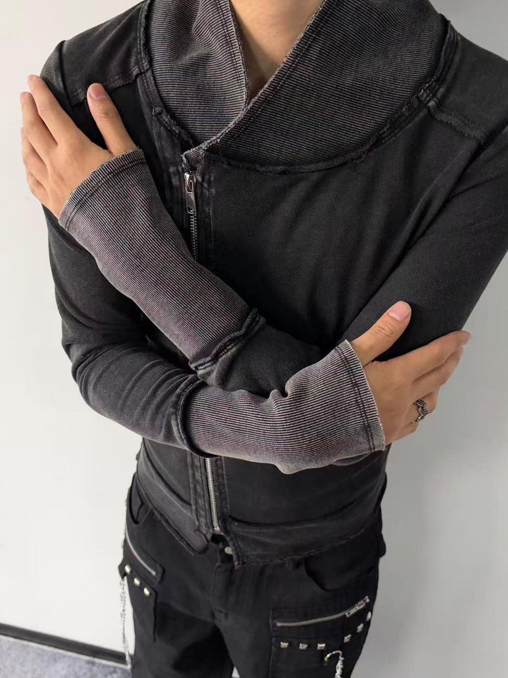 PAIKI Washed Distressed Asymmetric Zip Punk Rock Women's Cotton Zip-up Hoodies