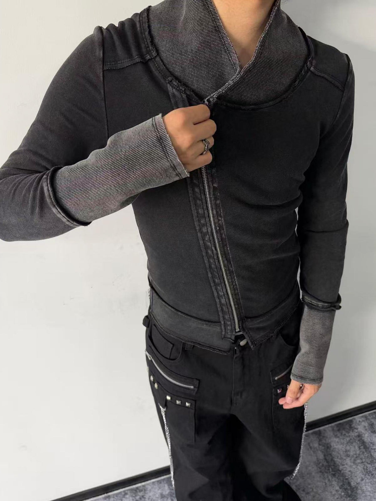 PAIKI Washed Distressed Asymmetric Zip Punk Rock Women's Cotton Zip-up Hoodies