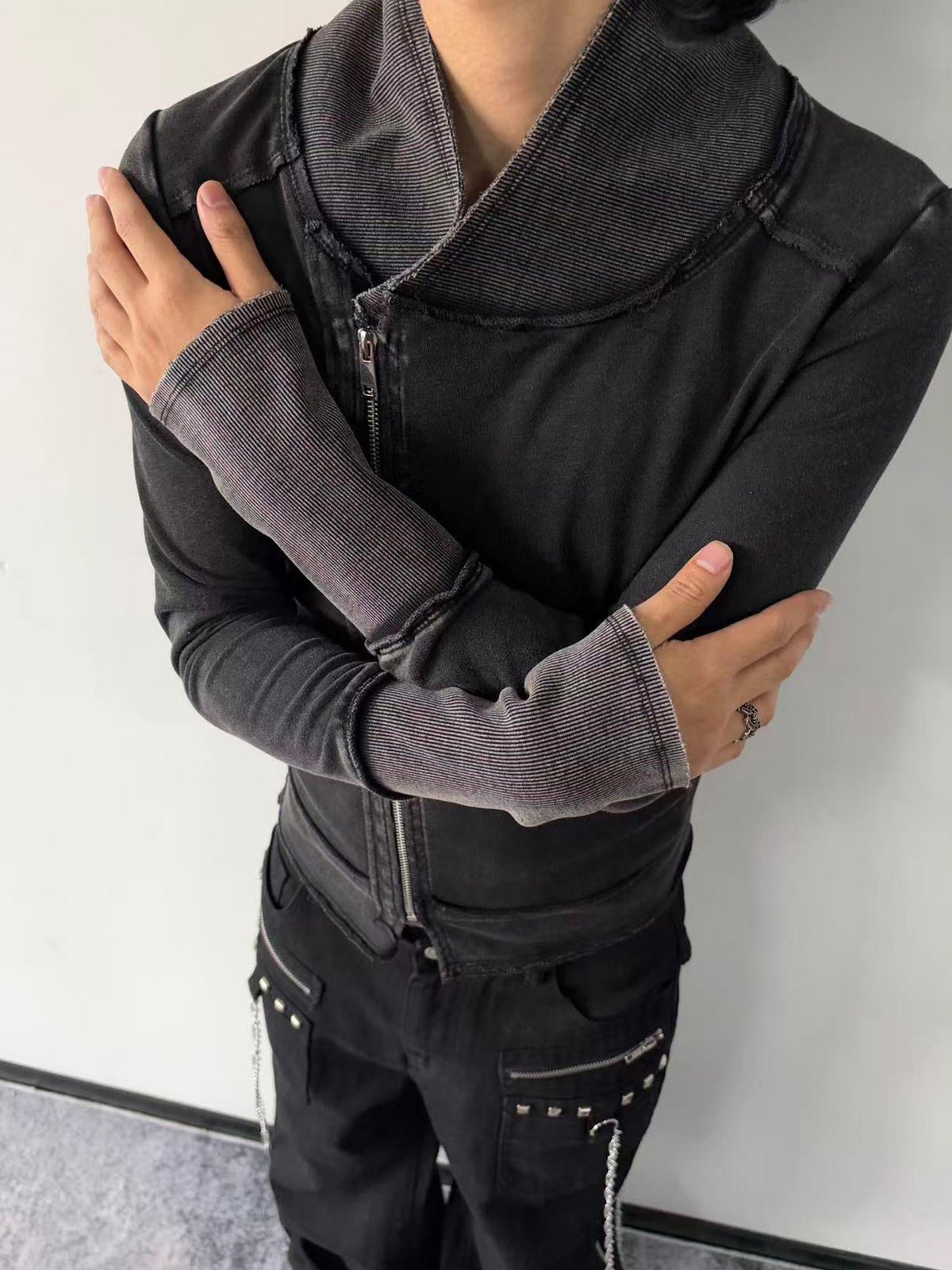 PAIKI Washed Distressed Asymmetric Zip Punk Rock Women's Cotton Zip-up Hoodies
