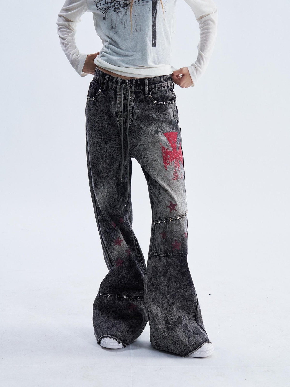 PAIKI Washed Distressed Cross Lace Up Print Women's Denim Bootcut Jeans