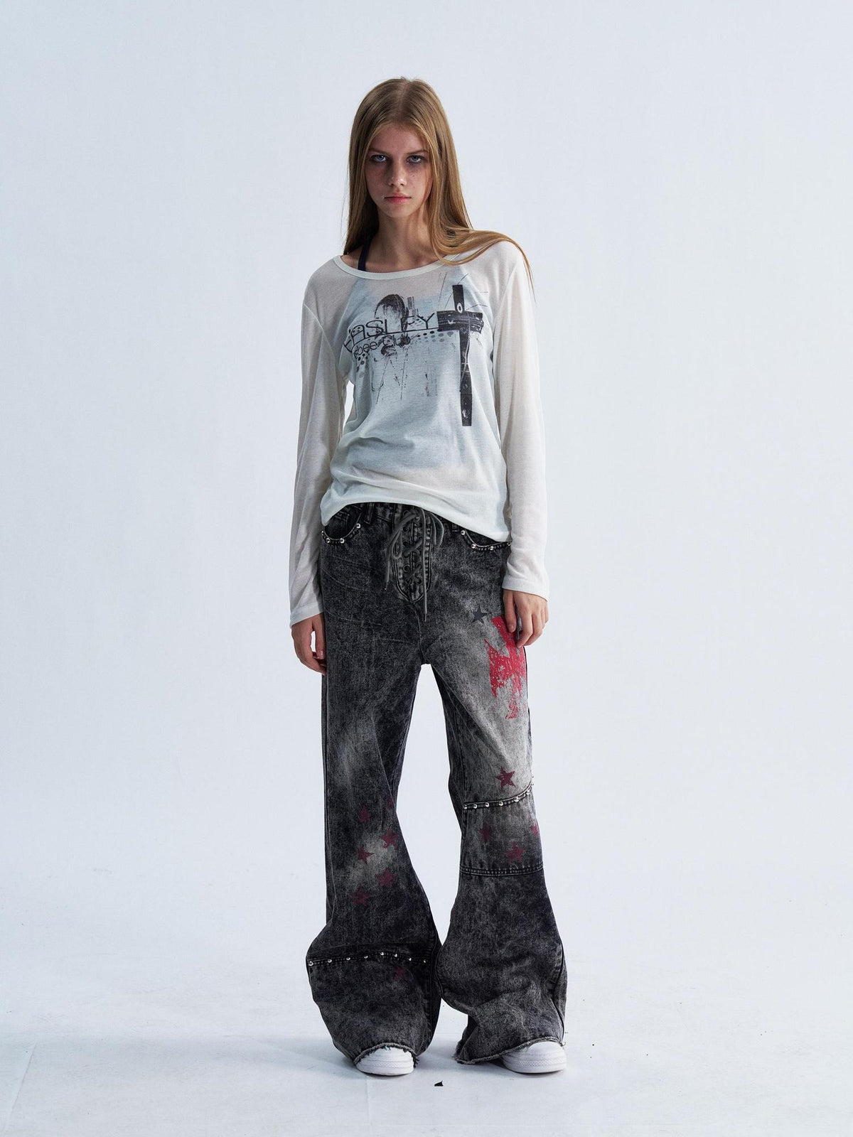 PAIKI Washed Distressed Cross Lace Up Print Women's Denim Bootcut Jeans