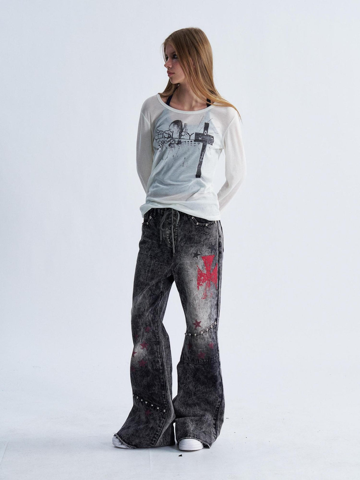PAIKI Washed Distressed Cross Lace Up Print Women's Denim Bootcut Jeans