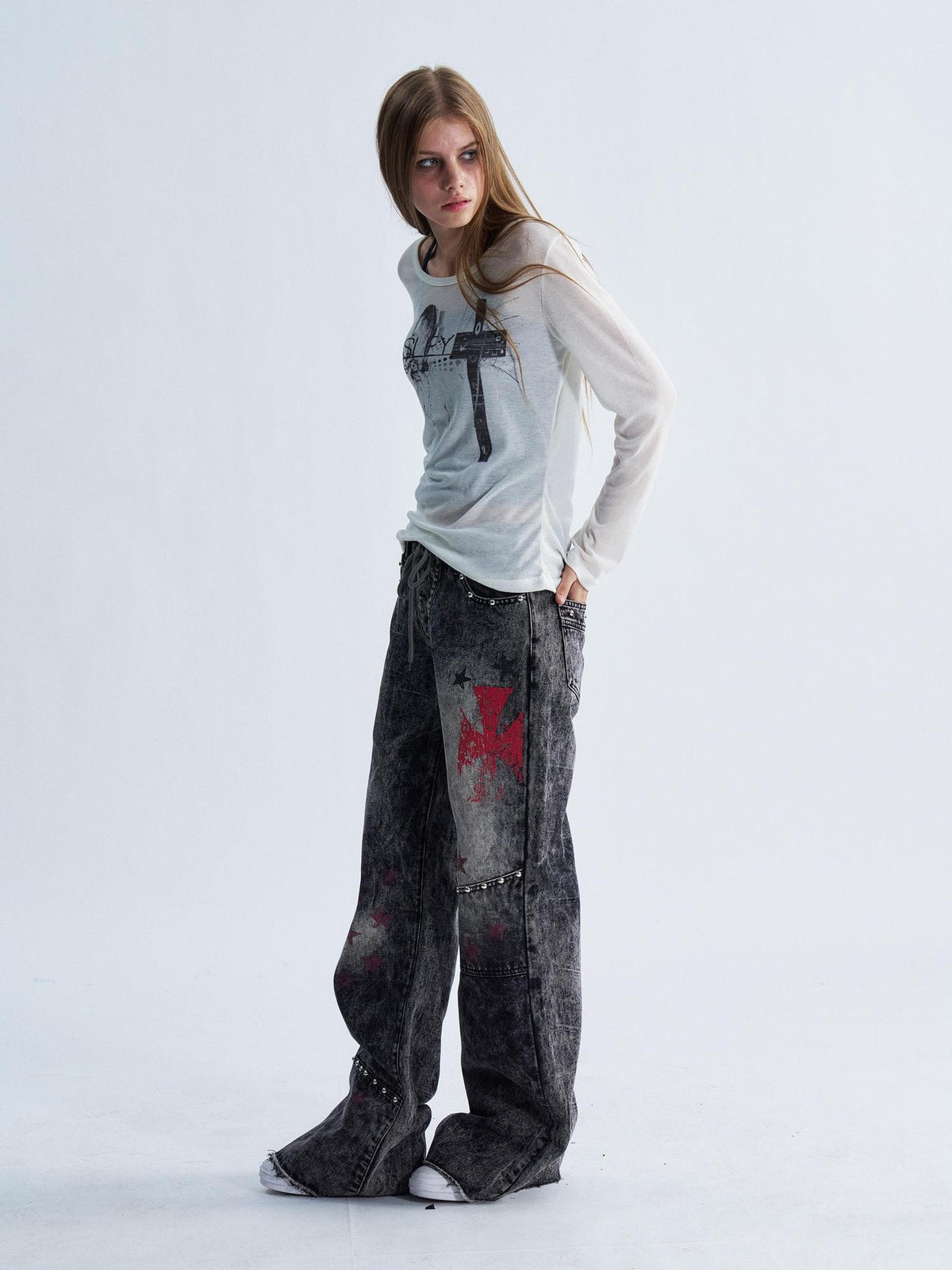 PAIKI Washed Distressed Cross Lace Up Print Women's Denim Bootcut Jeans