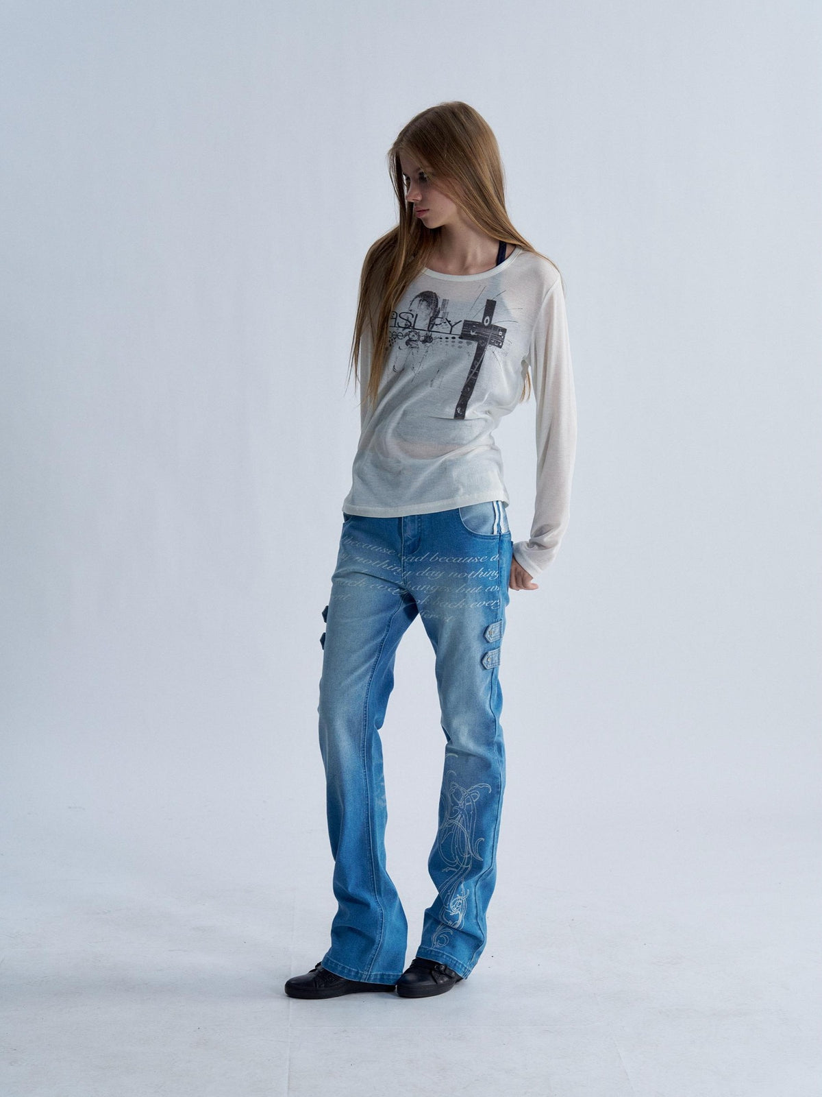 PAIKI Washed Reverse Totem Print Letter Women's Denim Slim Jeans