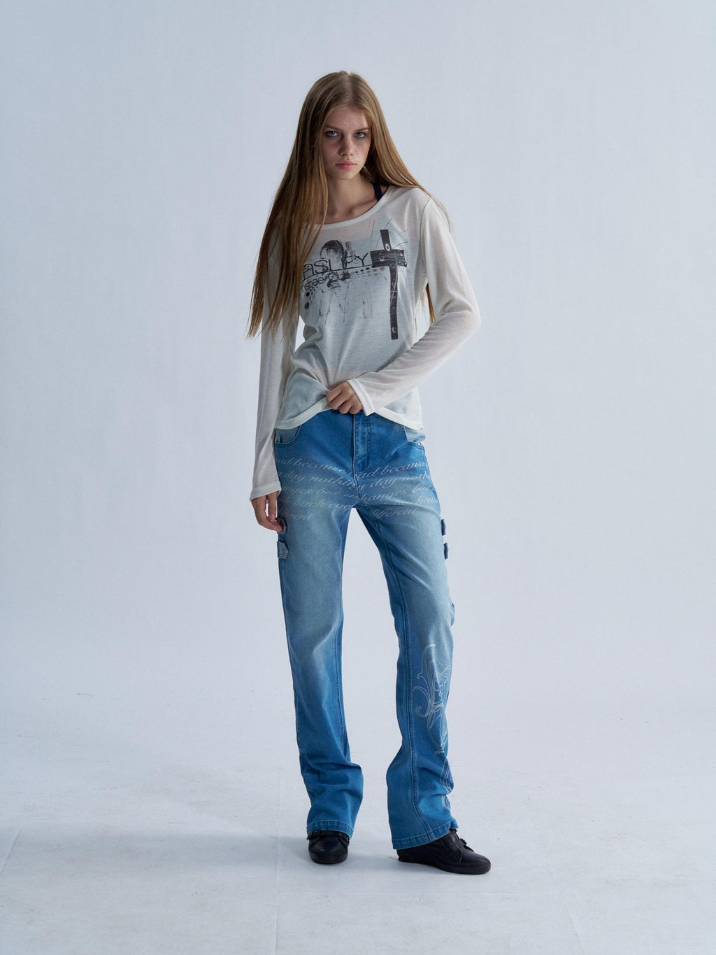 PAIKI Washed Reverse Totem Print Letter Women's Denim Slim Jeans