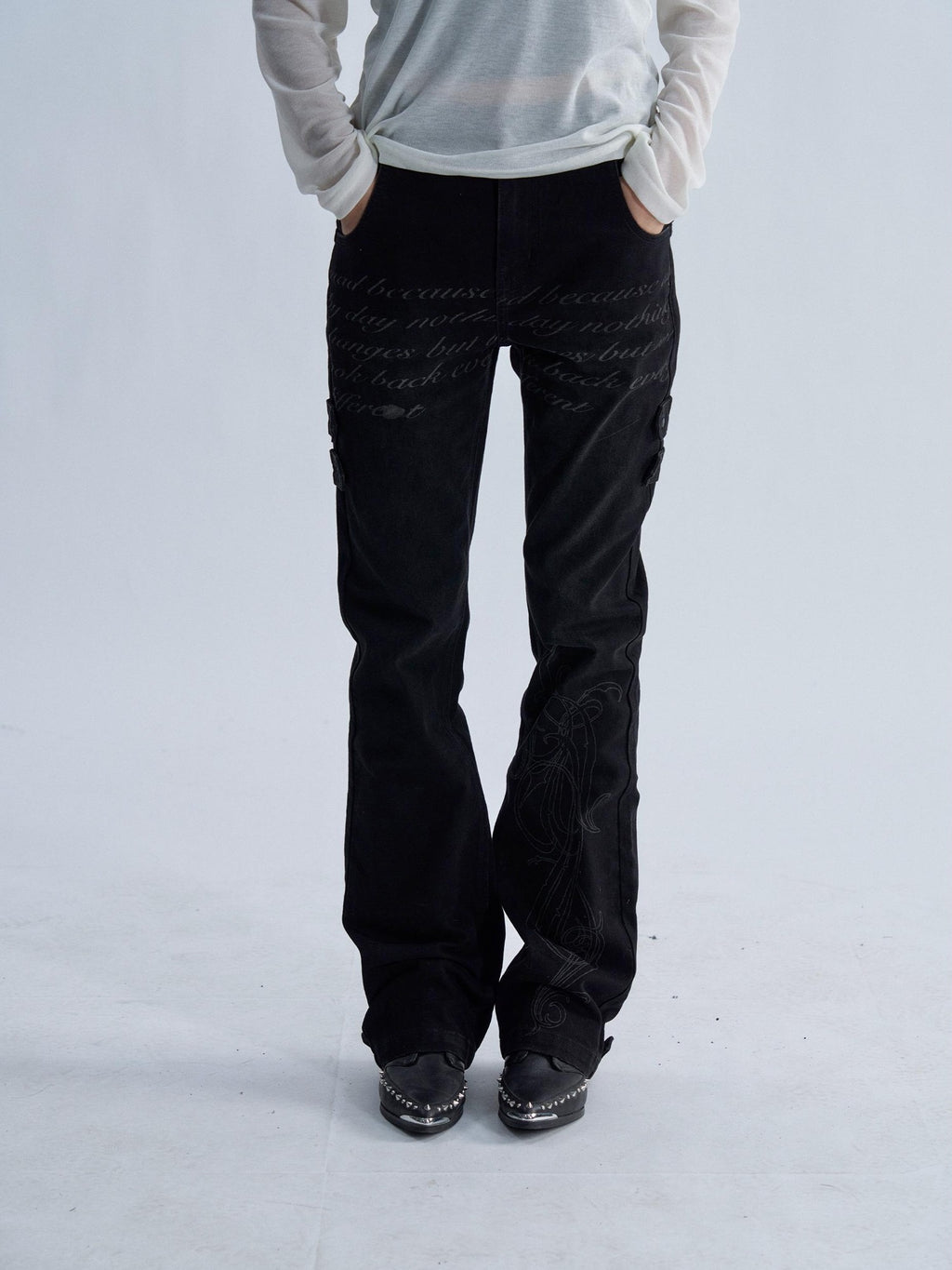 PAIKI Washed Reverse Totem Print Letter Women's Denim Slim Jeans