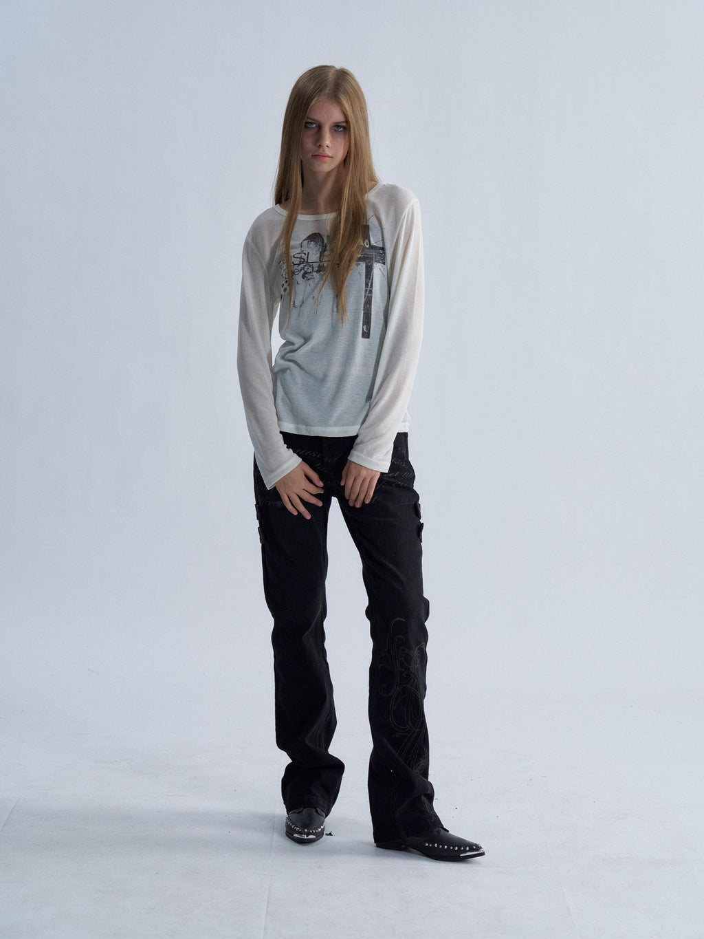 PAIKI Washed Reverse Totem Print Letter Women's Denim Slim Jeans