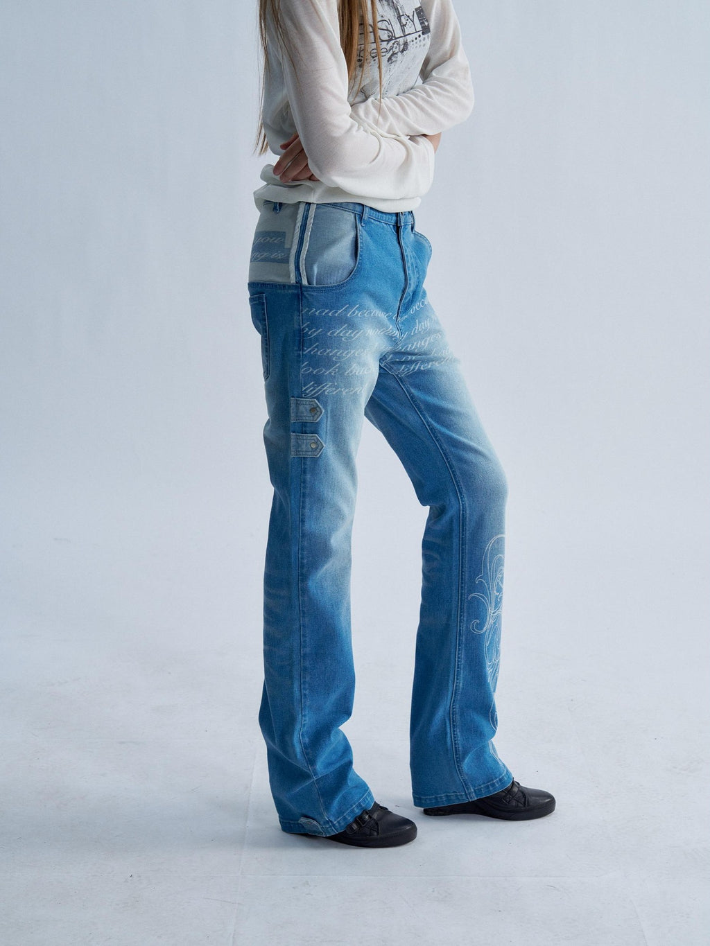 PAIKI Washed Reverse Totem Print Letter Women's Denim Slim Jeans
