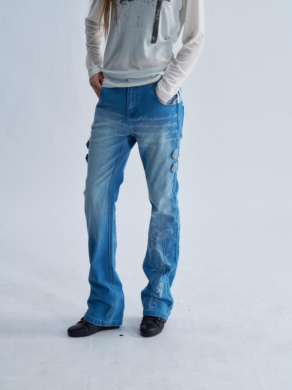 PAIKI Washed Reverse Totem Print Letter Women's Denim Slim Jeans