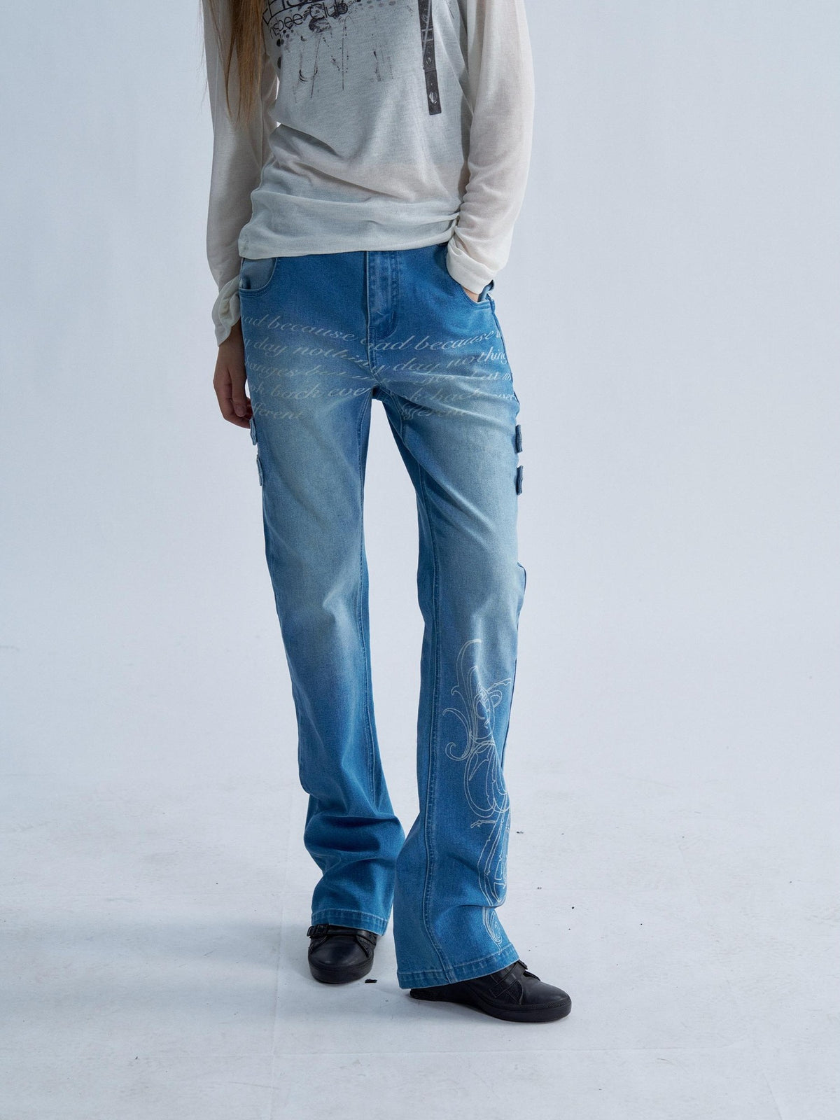 PAIKI Washed Reverse Totem Print Letter Women's Denim Slim Jeans