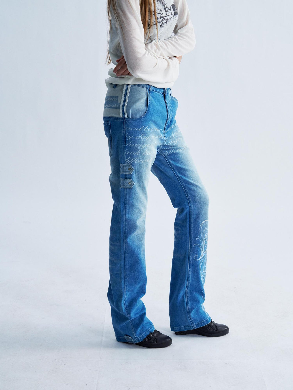 PAIKI Washed Reverse Totem Print Letter Women's Denim Slim Jeans