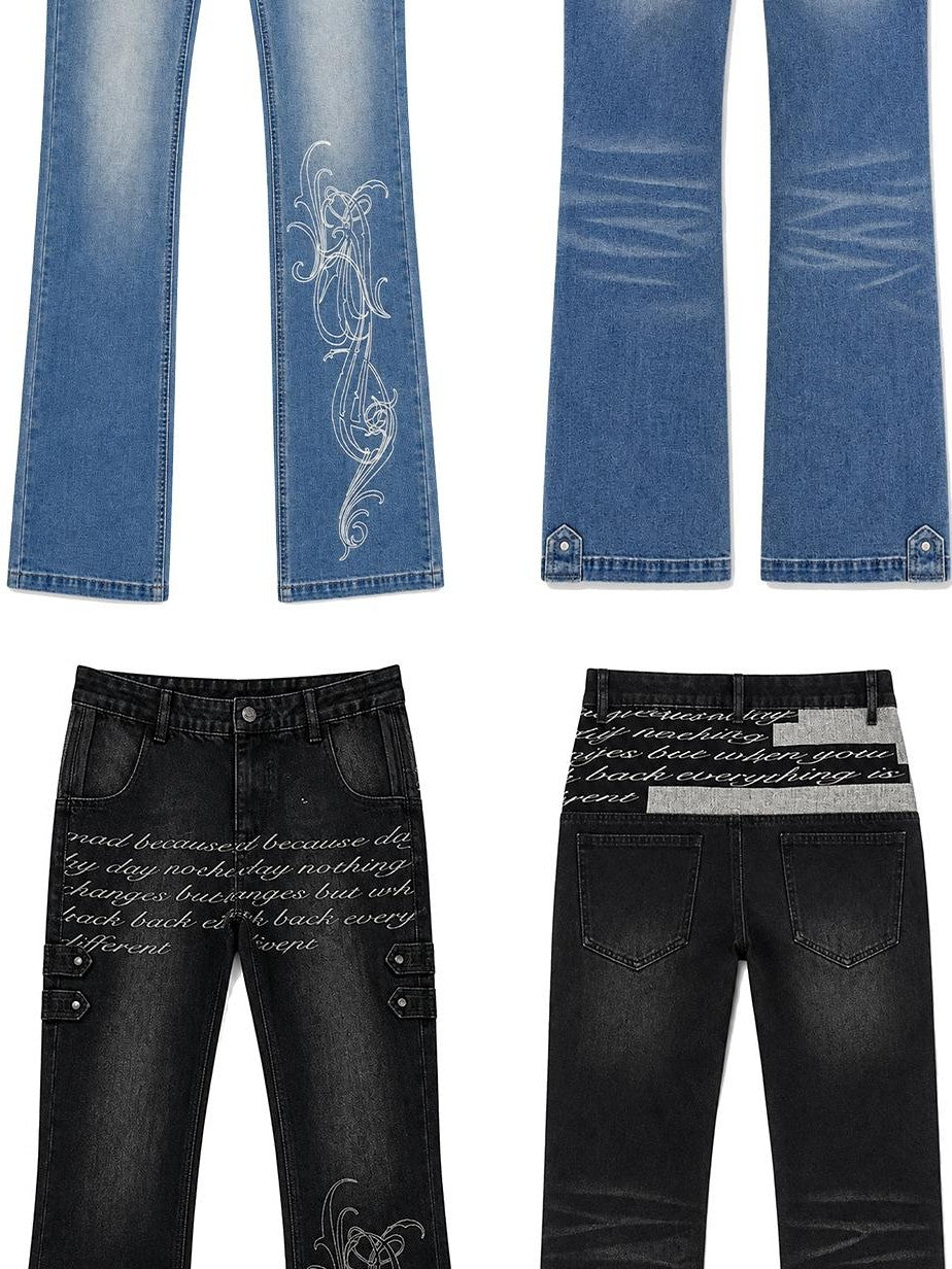 PAIKI Washed Reverse Totem Print Letter Women's Denim Slim Jeans