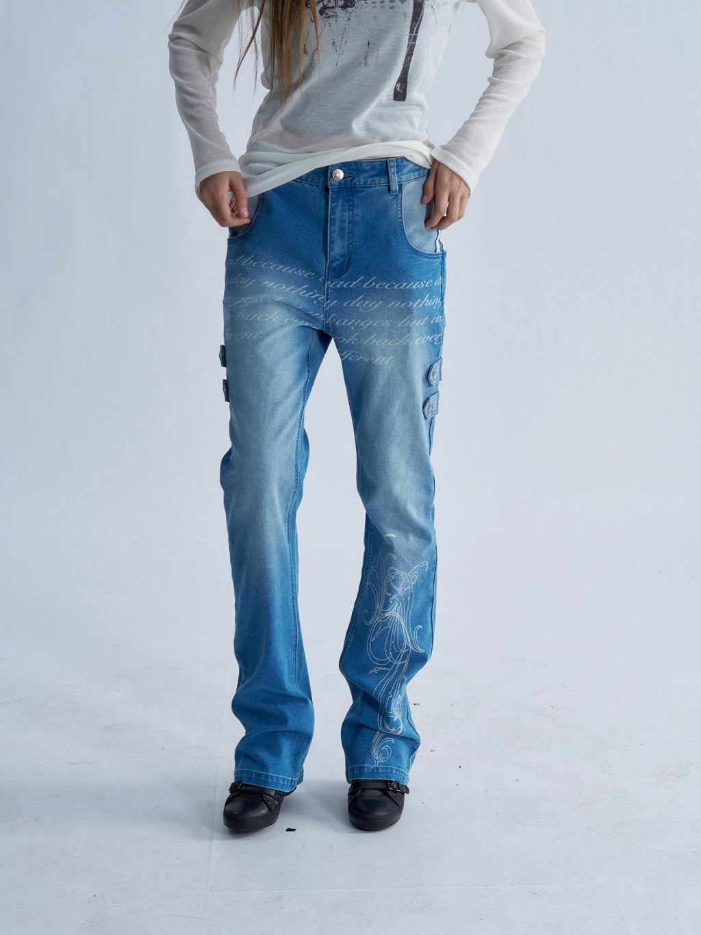 PAIKI Washed Reverse Totem Print Letter Women's Denim Slim Jeans