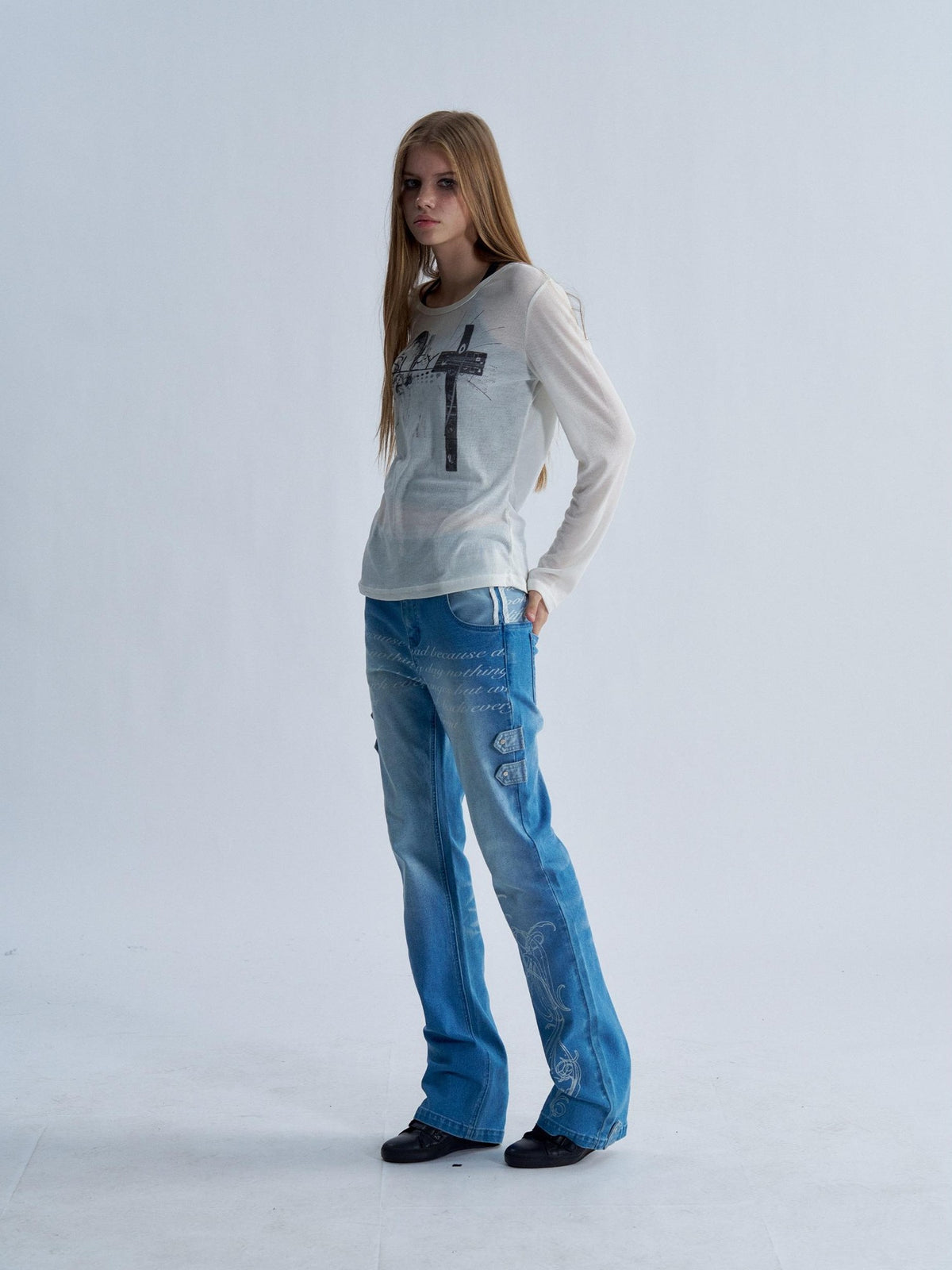 PAIKI Washed Reverse Totem Print Letter Women's Denim Slim Jeans
