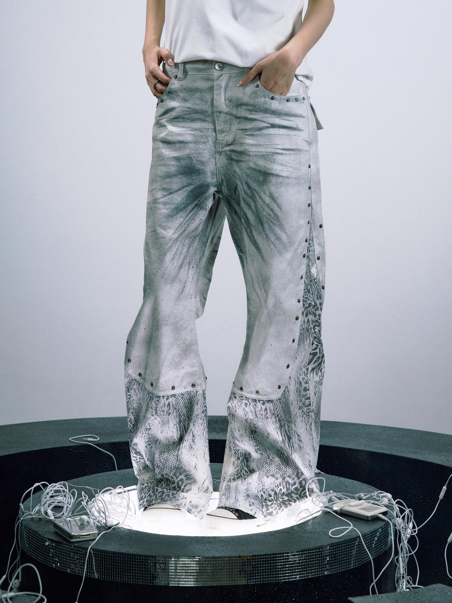 PAIKI White Snakeskin Distressed Patchwork Midrise Slight Stretch Women Straight Jeans