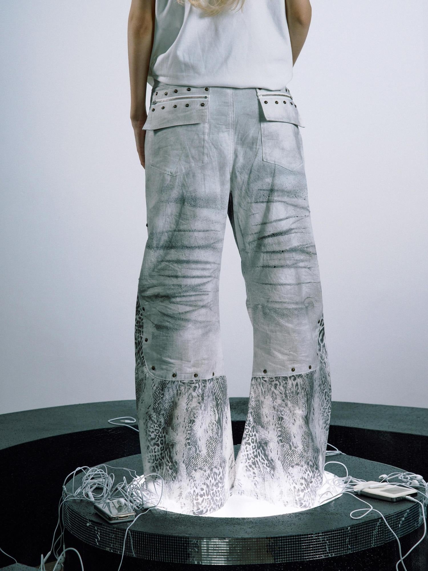 PAIKI White Snakeskin Distressed Patchwork Midrise Slight Stretch Women Straight Jeans