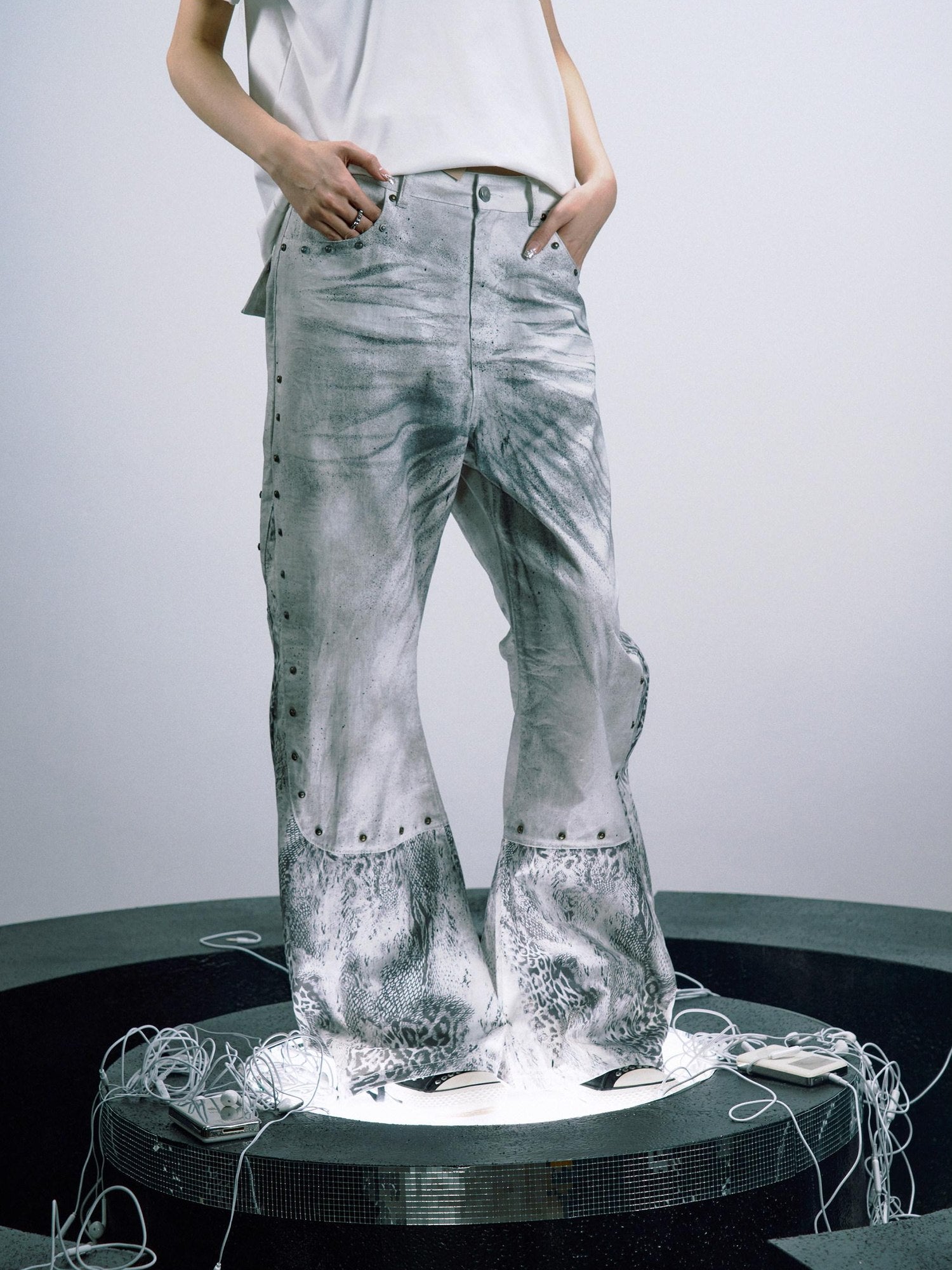 PAIKI White Snakeskin Distressed Patchwork Midrise Slight Stretch Women Straight Jeans