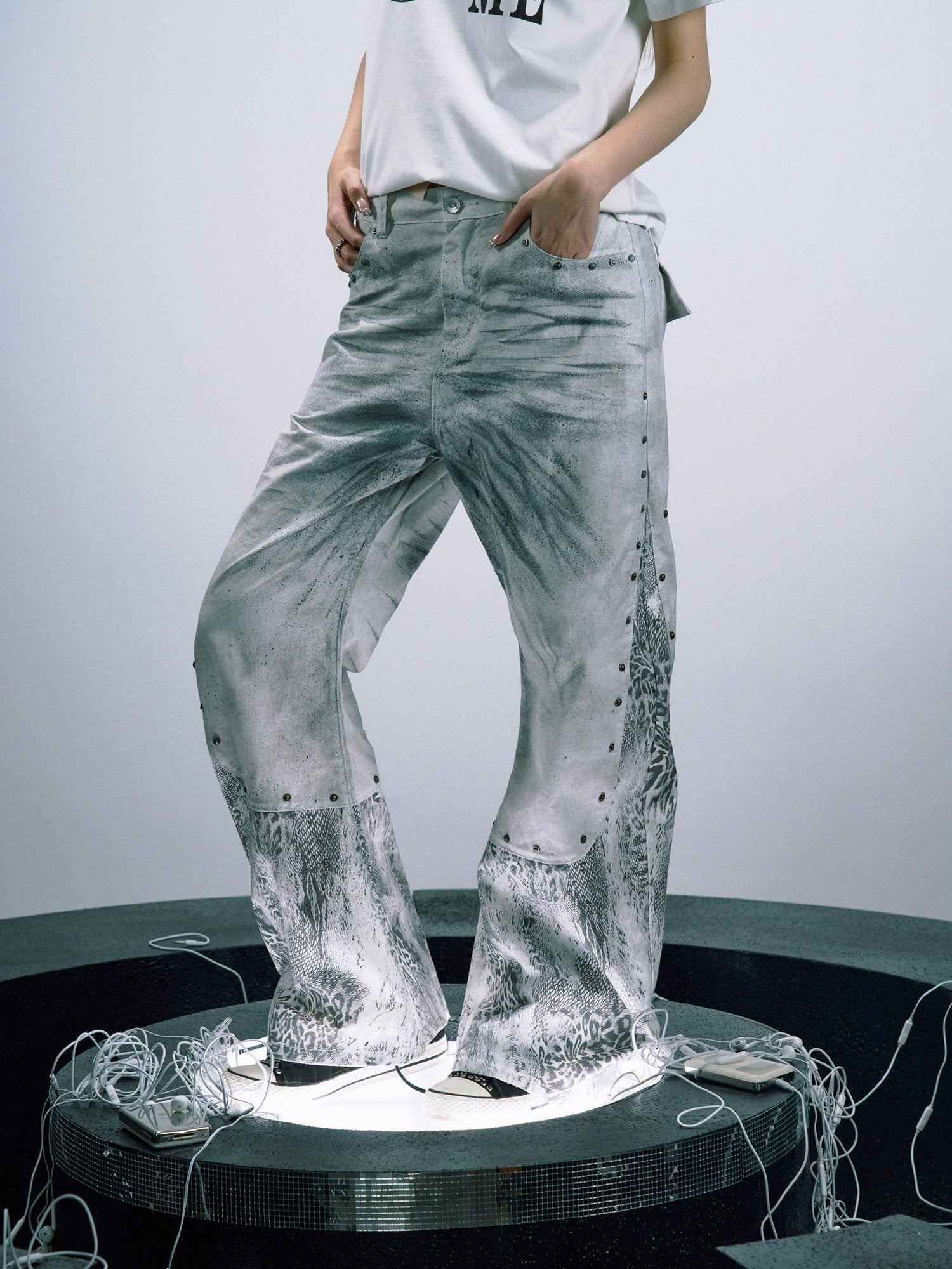 PAIKI White Snakeskin Distressed Patchwork Midrise Slight Stretch Women Straight Jeans