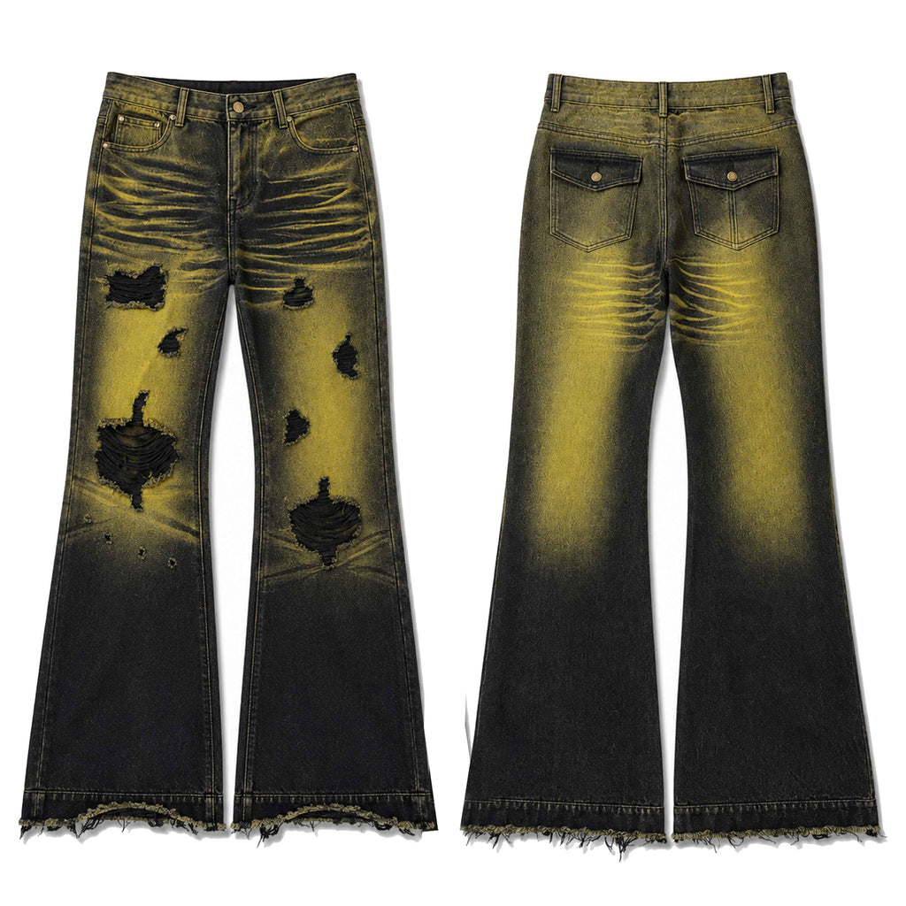 PAIKI_Yellow_Distressed_Washed_Micro_Flare_Women's_Denim_Ripped_Jeans_1079347642479_MISSTT