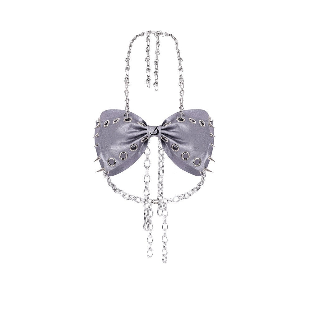 PINKSPINK_3d_Butterfly_Studded_Bow_Chain_Cutout_Backless_Women's_Silver_Halter_Tops_722974412450_MISSTT