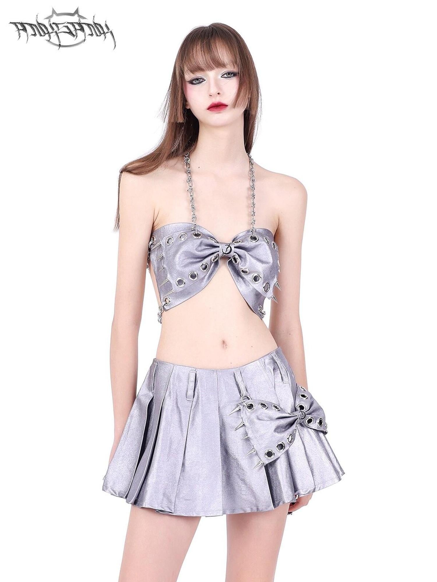 PINKSPINK 3d Butterfly Studded Bow Chain Cutout Backless Women's Silver Halter Tops