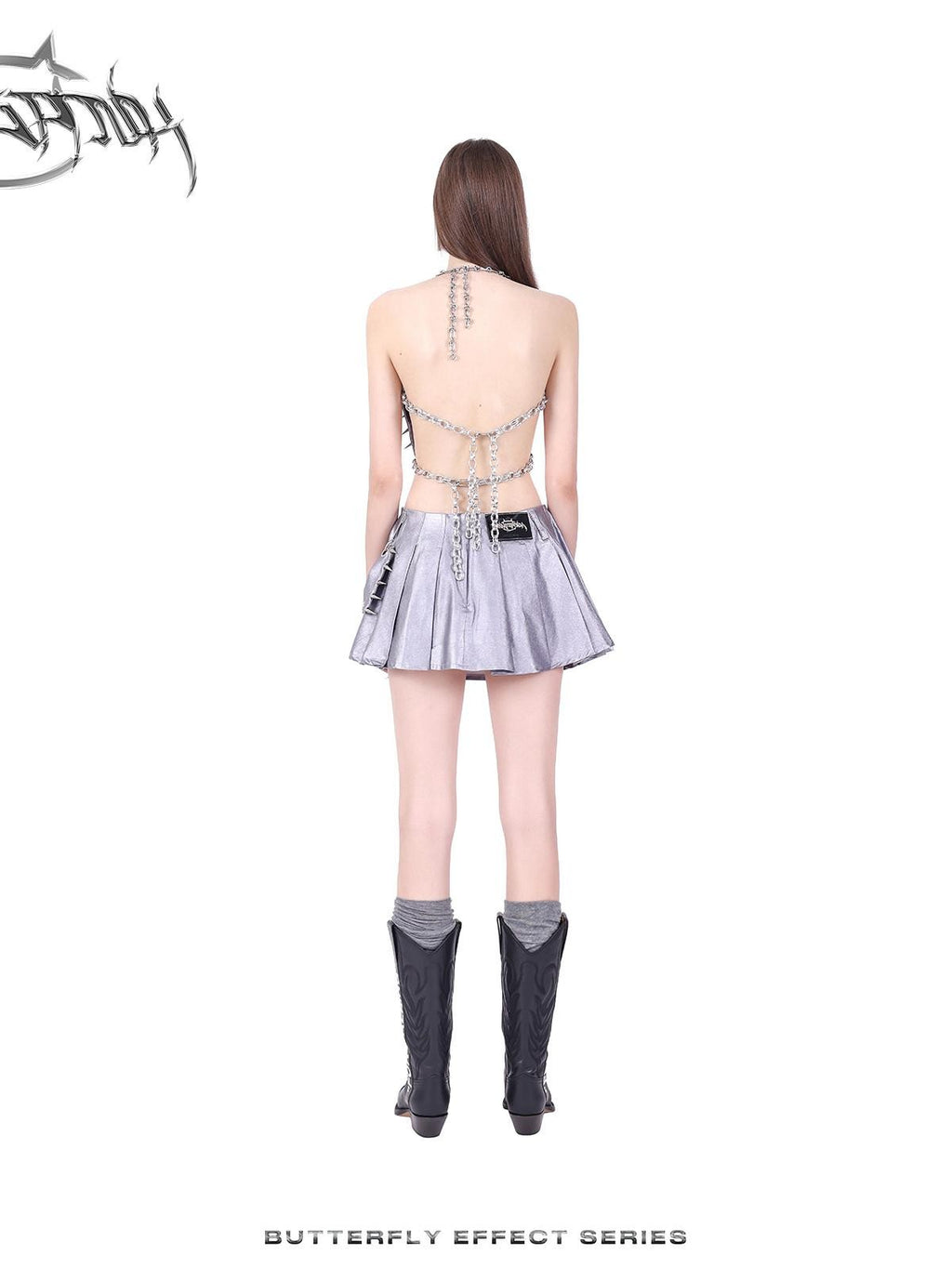 PINKSPINK 3d Butterfly Studded Bow Chain Cutout Backless Women's Silver Halter Tops