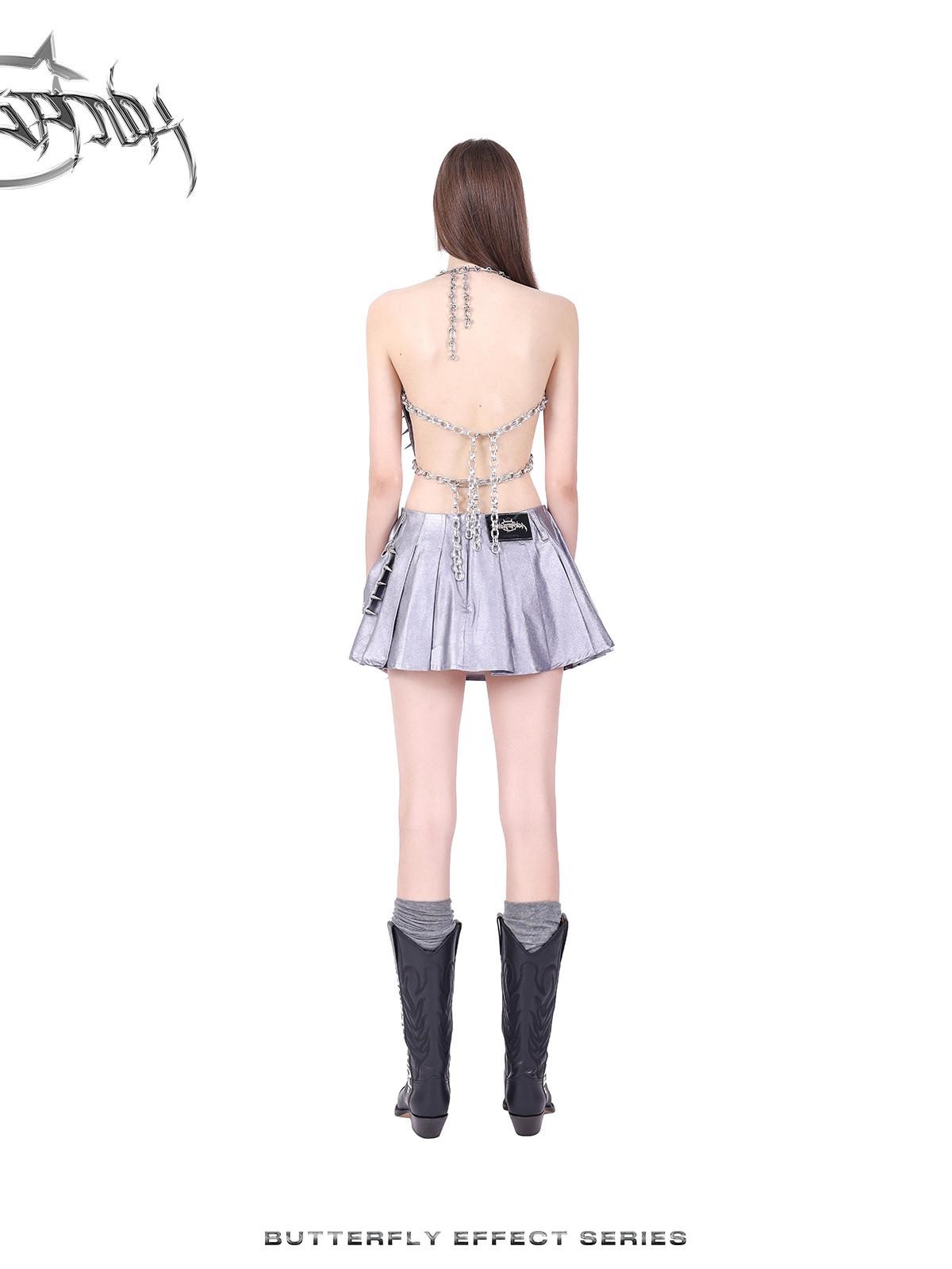 PINKSPINK 3d Butterfly Studded Bow Chain Cutout Backless Women's Silver Halter Tops