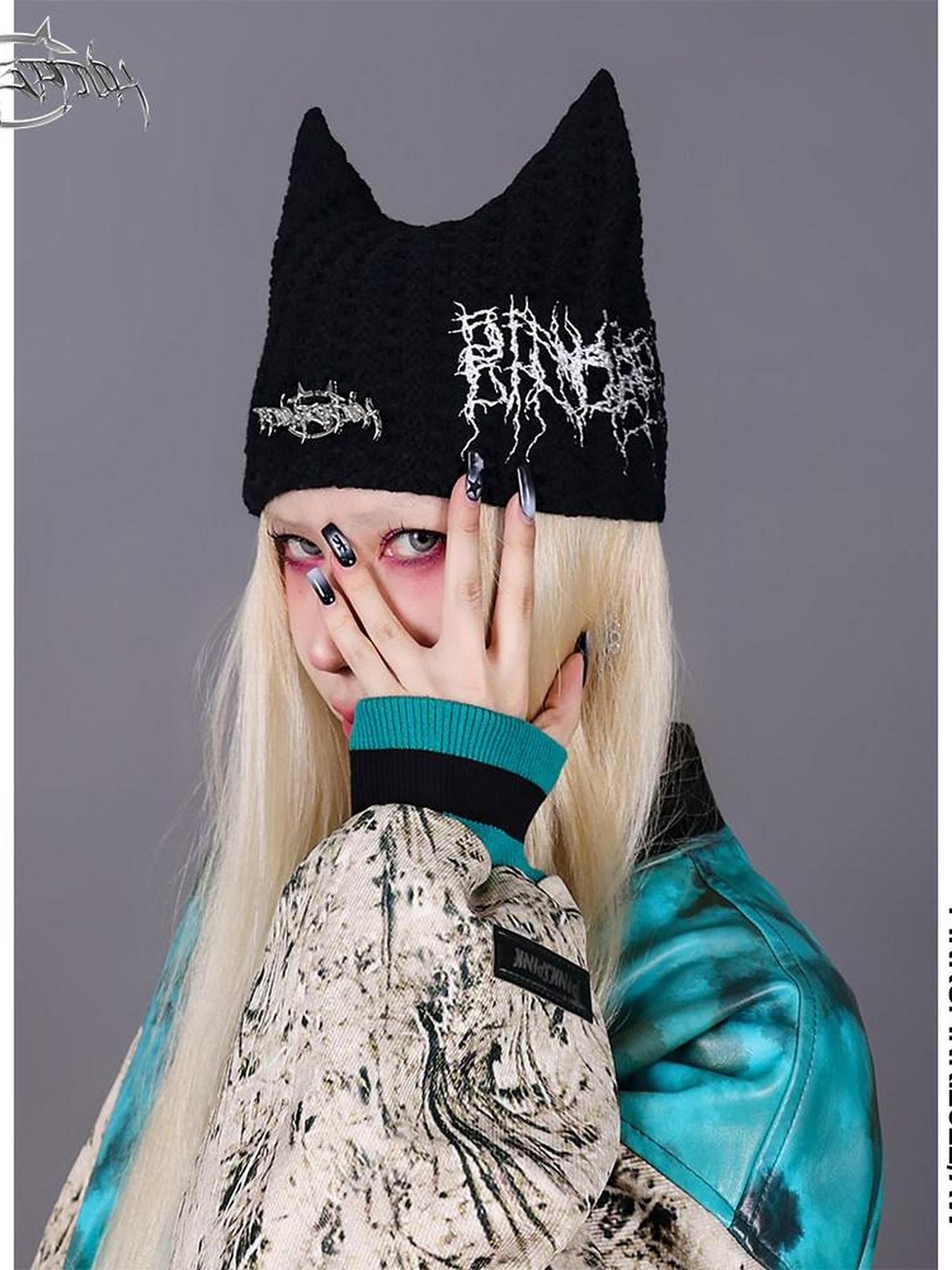 PINKSPINK 3d Cat Ear Knitted Thorn Embroidery Metal Tag Women's Acrylic Beanies