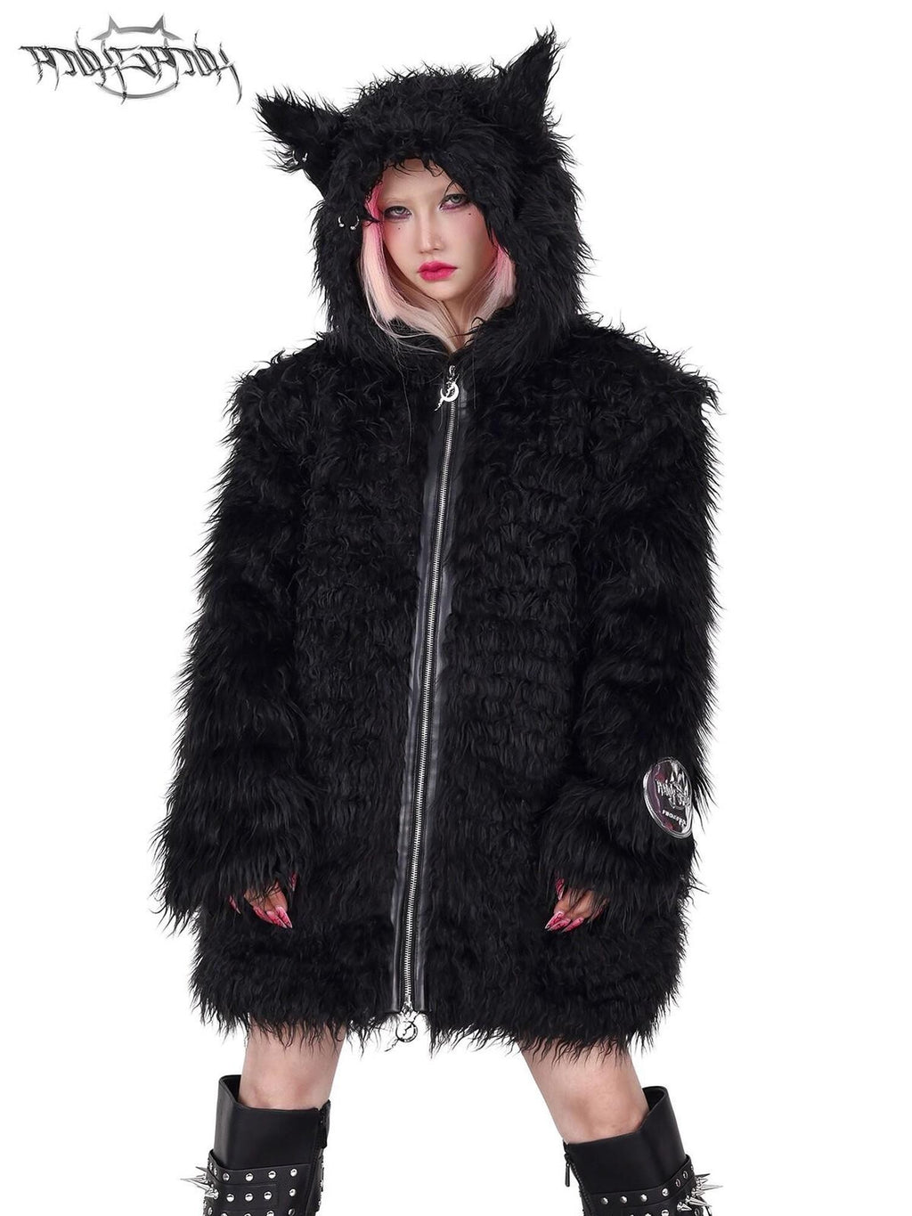 PINKSPINK 3d Cat Ear Studded Punk Hooded Women's Thick Faux Fur Fleece Jackets