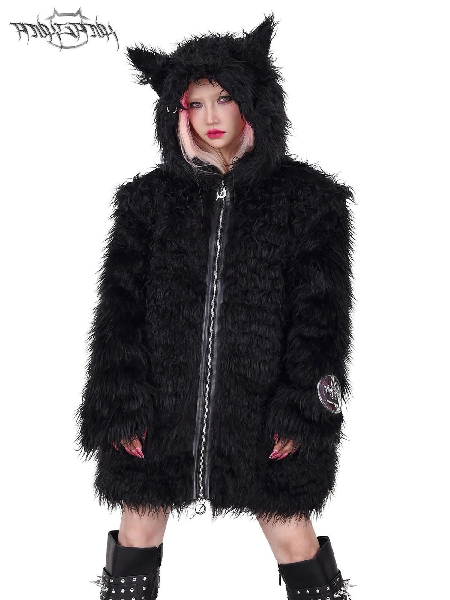 PINKSPINK 3d Cat Ear Studded Punk Hooded Women's Thick Faux Fur Fleece Jackets
