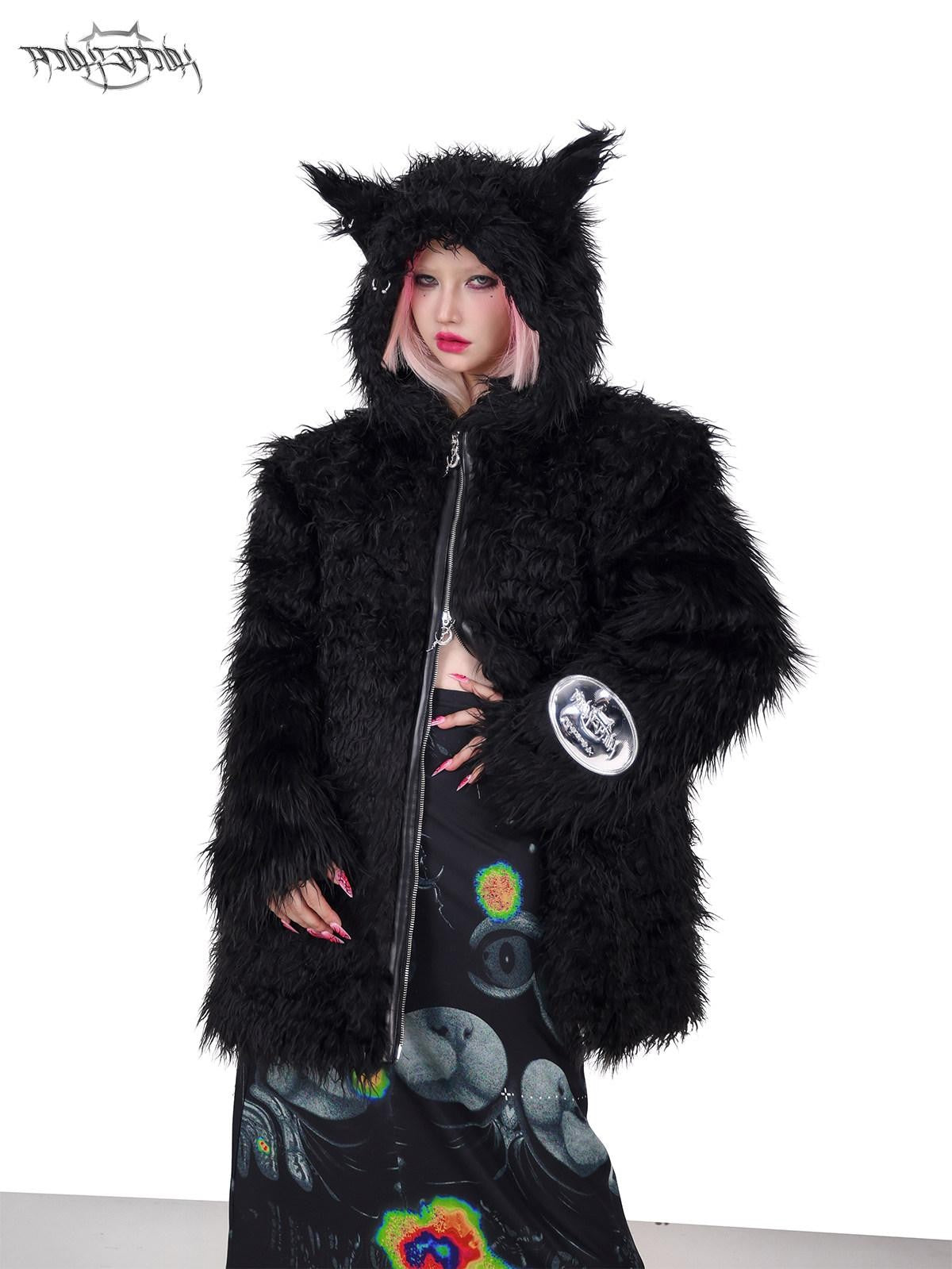 PINKSPINK 3d Cat Ear Studded Punk Hooded Women's Thick Faux Fur Fleece Jackets