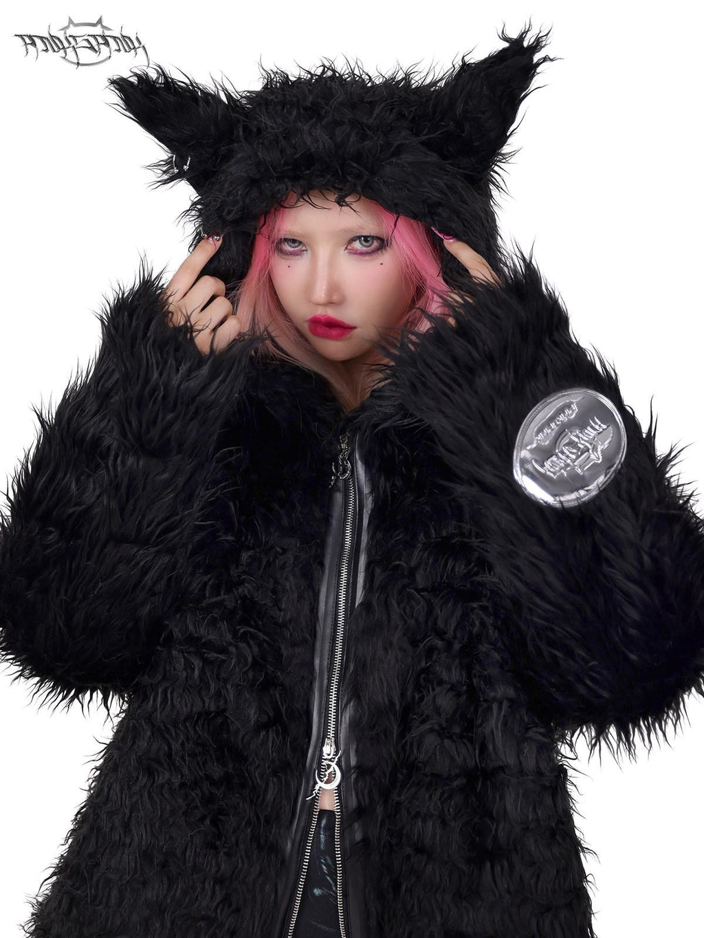 PINKSPINK 3d Cat Ear Studded Punk Hooded Women's Thick Faux Fur Fleece Jackets