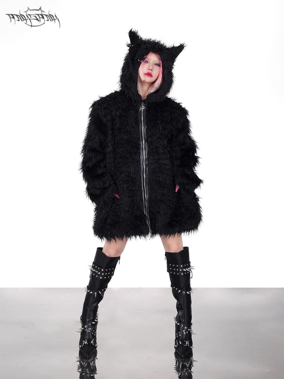 PINKSPINK 3d Cat Ear Studded Punk Hooded Women's Thick Faux Fur Fleece Jackets