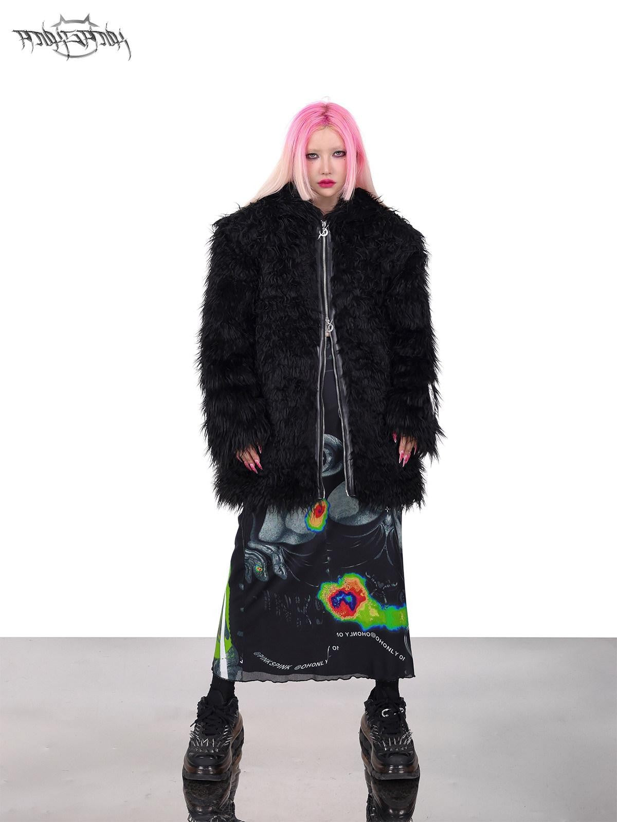 PINKSPINK 3d Cat Ear Studded Punk Hooded Women's Thick Faux Fur Fleece Jackets