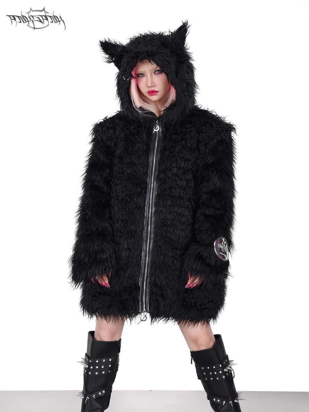 PINKSPINK 3d Cat Ear Studded Punk Hooded Women's Thick Faux Fur Fleece Jackets